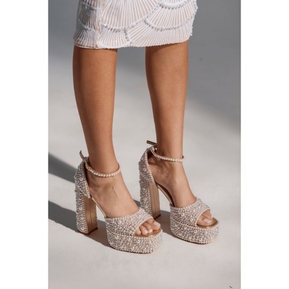 Azalea Wang Eleanor Gold Pearl Platform Chunky Heel Statement Rhinestones